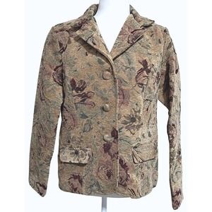 Vintage JJ Boutique Floral Tapestry Blazer Women Small‎ Tan Burgundy J-107